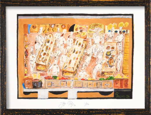 “Paris le Plaza Brigade” is a special edition 90/90 signed Jacques Pépin print celebrating Jacques’ 90th birthday. $100.00 of the sale of this print goes to The Jacques Pépin Foundation.
