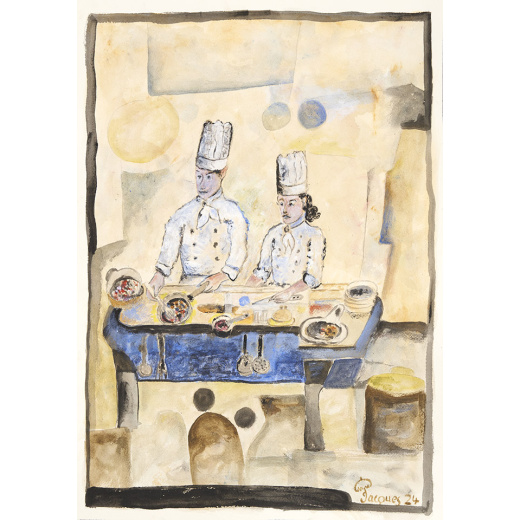 “Chefs Cooking” is an original painting by chef and artist Jacques Pépin