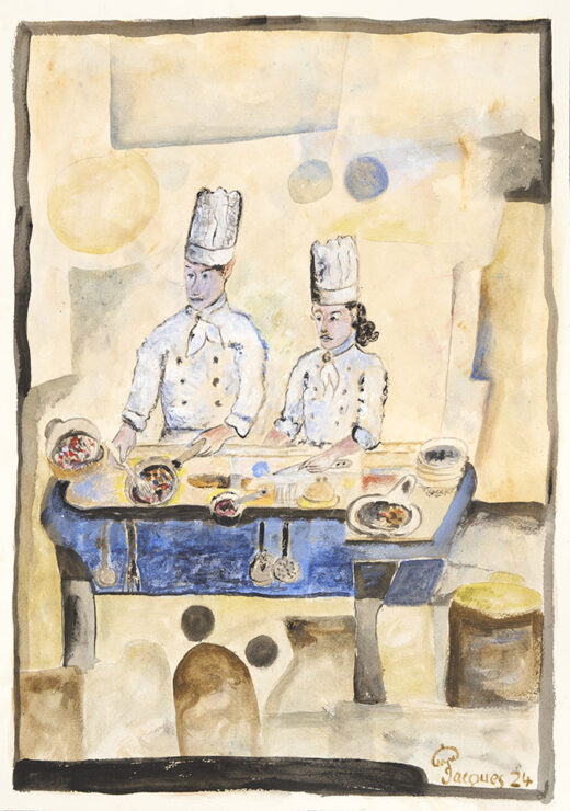 “Chefs Cooking” is an original painting by chef and artist Jacques Pépin