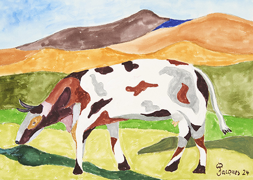 “Cow in Pasture” is an original painting by chef and artist Jacques Pépin