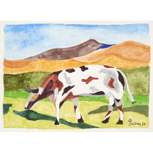 “Cow in Pasture” is an original painting by chef and artist Jacques Pépin