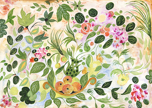 “Fruits and Flowers Jumble” is an original painting by chef and artist Jacques Pépin