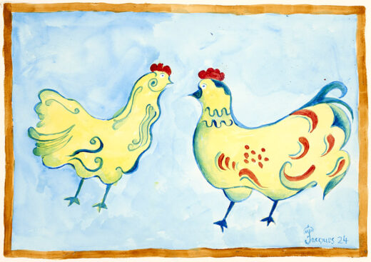 “Lofty Chickens” is an original painting by chef and artist Jacques Pépin