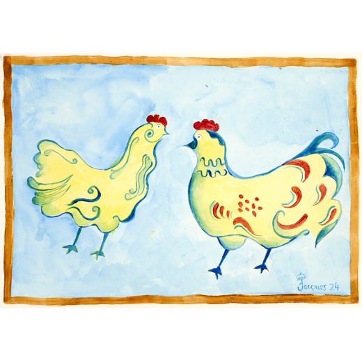 “Lofty Chickens” is an original painting by chef and artist Jacques Pépin