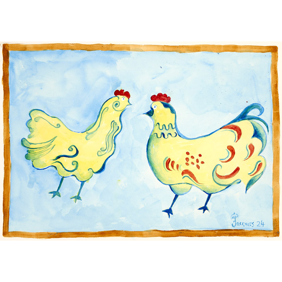 “Lofty Chickens” is an original painting by chef and artist Jacques Pépin