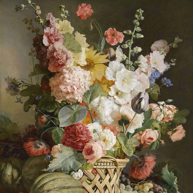 “Fruit and Flowers in a Willow Basket” by Antoine Berjon painting in the Musée des Beaux-Arts in Lyon, France