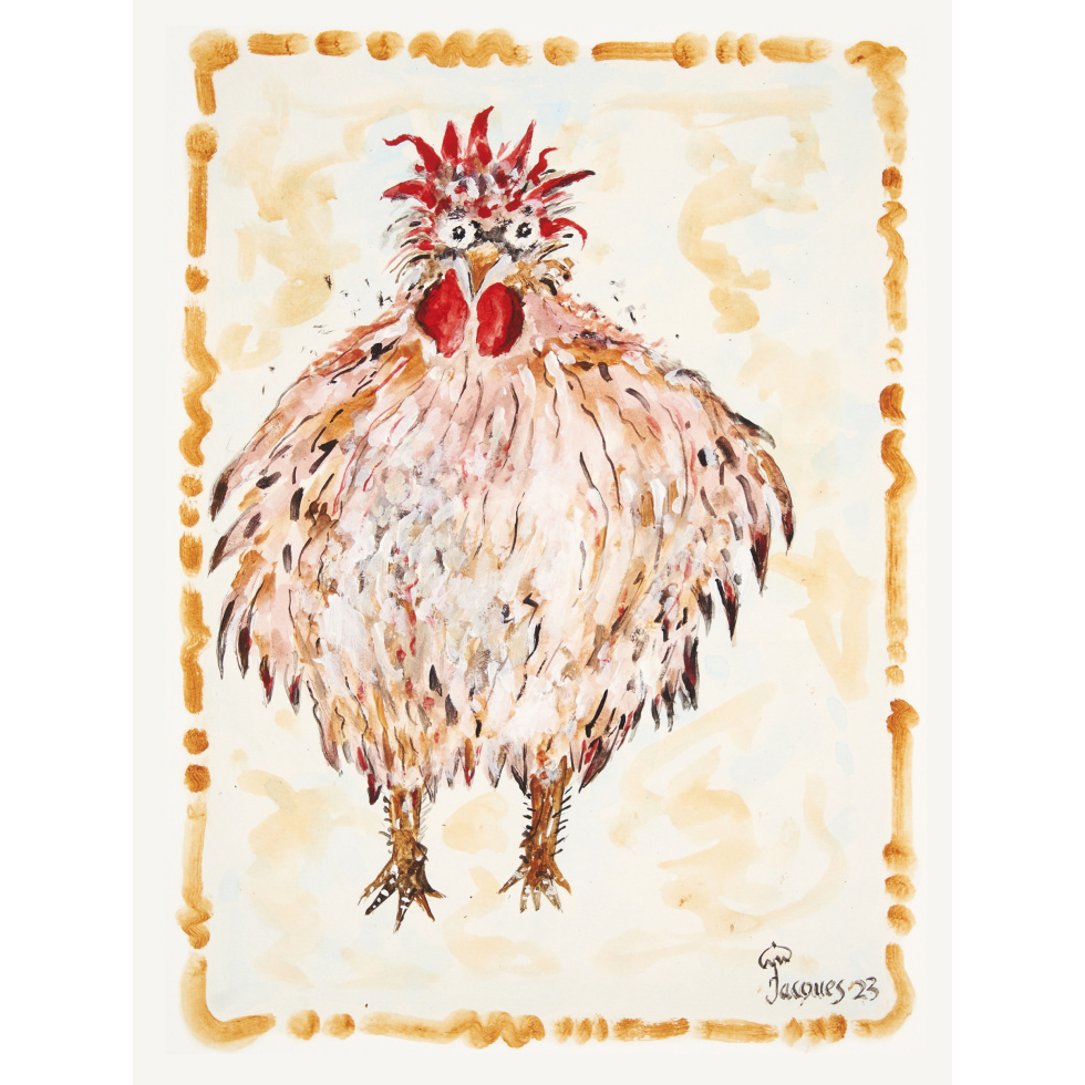 “Champion Cock” is an original painting by chef and artist Jacques Pépin