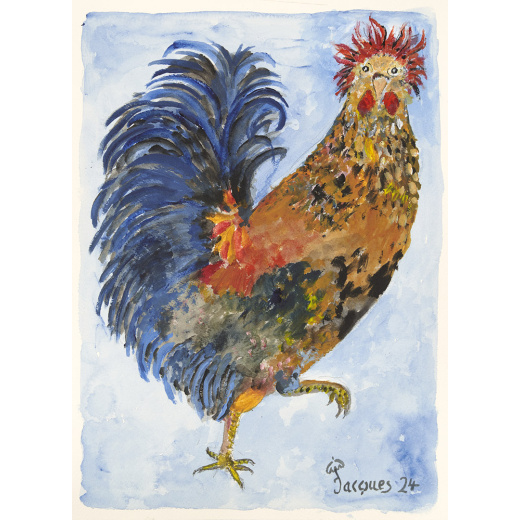 “Dazzling Coq” is an original painting by chef and artist Jacques Pépin