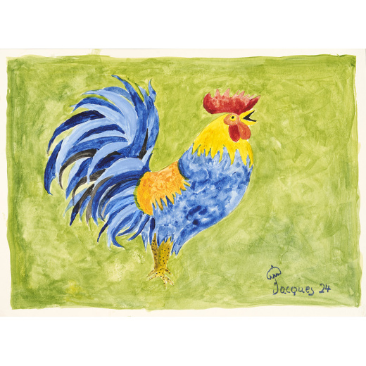 “Peaceful Rooster” is an original painting by chef and artist Jacques Pépin