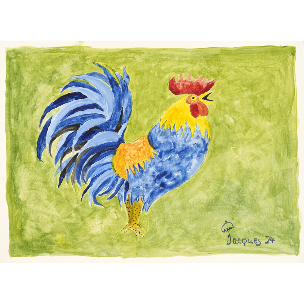 “Peaceful Rooster” is an original painting by chef and artist Jacques Pépin