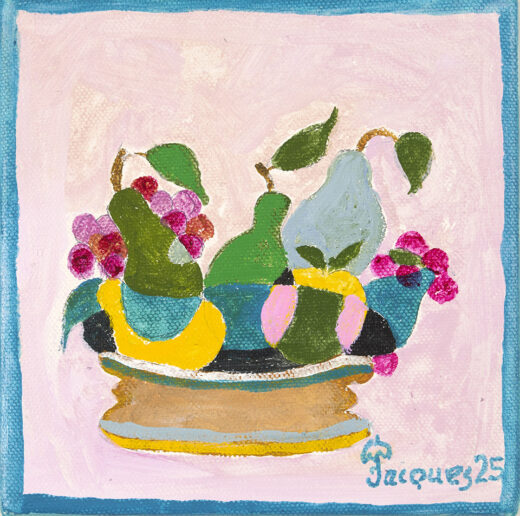 “Fruits No. 1” is a new 6" x 6" acrylic on canvas painting by Jacques Pépin