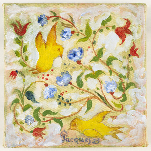 “Birds, Flowers” Original Small Canvas Painting by Jacques Pépin