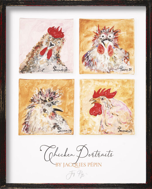 “Chicken Portraits” is a new poster featuring four of Jacques Pépin’s small canvas paintings